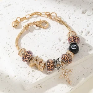 DIY Beaded Bracelet Pan Family Cross Border Copper Inlaid Zircon Leopard Print Bead Black Eight Fashion Jewelry Gift