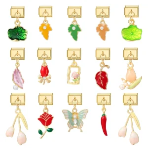DIY Colorful Oil Dripping Flower Butterfly Pendant Italian Charms Fashion Bulk Crystal Pearl Italian Charms Bracelet