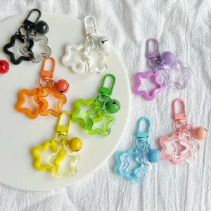 DIY Hollow Transparent Star Bell Keys Jelly Pentagram Kawaii Fancy Candy Color Acrylic Charm Keychain for Schoolbag Accessories