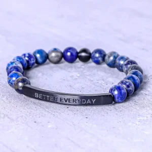 DIY Logo Name Natural Lava Rock Beaded Men’s Bracelet Engraved Inspirational Silver Stainless Steel Bar Fashion Jewelry Gift