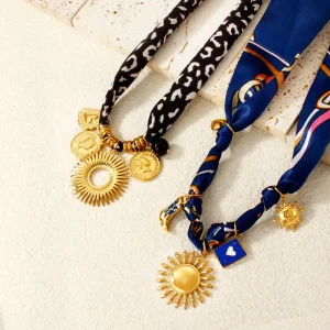 DIY Silk Scarf Necklace Vintage Gold plated Stainless Steel Sun Pendant Link Chain Anniversary Unisex Summer Fashion Jewelry