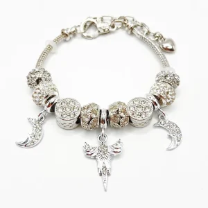 DIY Silver Moon Angel Rhinestone Beaded Bracelet Big Hole Charm Strand Zinc Alloy Trendy Fashion Jewelry for Unisex