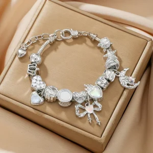 DIY Silver Plated Alloy Bracelet AB Color Bow Love Moon Pendant Simple Collocation Unisex Jewelry