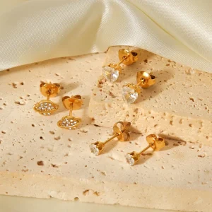 DIY Sport Casual Style Zircon Women’s Stud Set 18K Gold plated Stainless Steel Hypoallergenic Sweatproof Jewelry Accessories