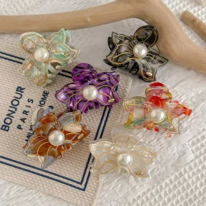 DOWELL Women’s Acetate Flower Shaped Hair Claw with Pearls Custom Logo Daily and Party Hair Accessories