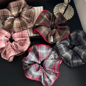 DREAM FASHION College style Sweet Plaid Large Intestine Hair Tie Female Sense Head Flower Ball Oversized Hair Accessories