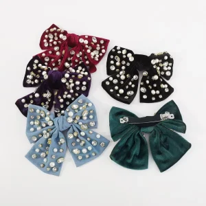 DREAM FASHION Corduroy Metal Fabric Denim Diamond Pearl Hair Bow Barrette Light Luxury Women Hair Clips Hair Accessories