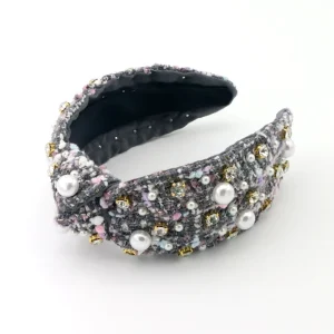 DREAM FASHION Dark Gray Pearl Crystal Tweed Headband Bowknot Luxury Custom Women Hair Accessories