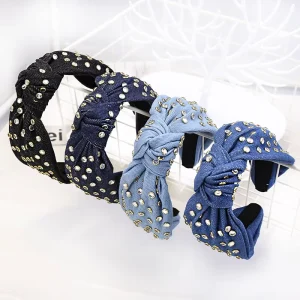 DREAM FASHION Elastic Denim Hairband Studded Headbands Rhinestone Wide Women Hair Accessories