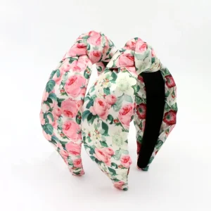 DREAM FASHION Flower Bowknot Rose Sweet Girl Headband Pink and Green Hand Made Custom Hair Accessories