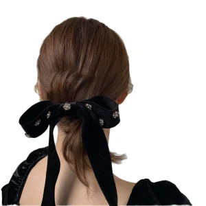 DREAM FASHION Solid Color Velvet Bow Hair Accessories Crystal Flower Barrette Streamer French Barrtte Clip Sweet Hair Clips
