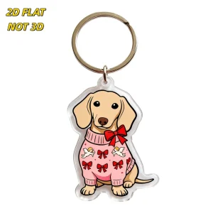 Dachshund in Pink Sweater Acrylic Keychain Red Bow & Angel Print Design Clear Double Sided Charm Adorable Dog Lover Accessory