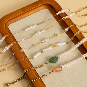 Dainty 18K PVD Plated Steel Anti Tarnish Irregular Pearl Natural Gemstone Women Minimal Stackable Bracelet Wedding Jewelry