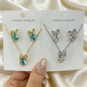 Dainty Aqua Faceted Geometric Square Crystal Jewelry Set Gold Tone Pendant Necklace Bowknot Earrings for Women
