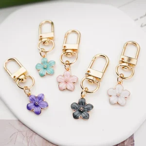 Dainty Bag Key Charms Metal Enamel Sakura Flower Keychain for Women Girls