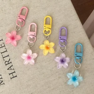 Dainty Bag Key Charms Metal Enamel Sakura Flower Keychain for Women Girls Colored Transparent Flower Keychain
