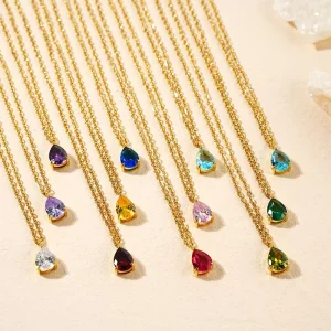 Dainty Birth Stone Jewelry Gift 18k Gold Plated Stainless Steel Zircon Water Drop Teardrop Pendant Birthstone Necklace For Women