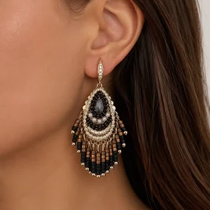 Dainty Bohemian Vintage Colorful Crystal Stone Seed Bead Handmade Beaded Summer Tassel Drop Earrings for Women