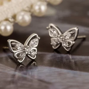 Dainty Butterfly Design Sparkling Crystal Zircon Stud Earring for Women Wedding Silver Gold Color Plated CZ Earrings