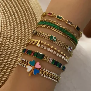 Dainty Colorful Zircon Flower Charm Gold Plated Stainless Steel Cuban Tennis Fashion Chain Link Gift Bracelets