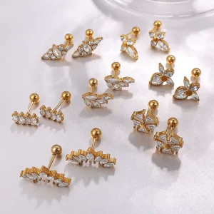 Dainty Crystal Marquise Stud Earrings Waterproof 18K Gold Plated Marquise CZ Helix Piercing Studs Jewelry Set