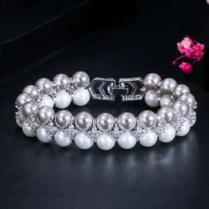 Dainty Elegant Silver Color Big Wide White Gray Round Pearl Bead Bracelets with Cubic Zircon Women Wedding CZ Jewelry Gift