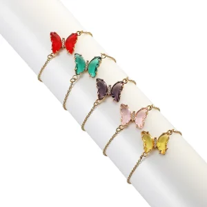 Dainty Fashion Jewelry Gold Plated Stainless Steel Link Chain Bracelet Multi Color Crystal Butterfly Bracelet Women