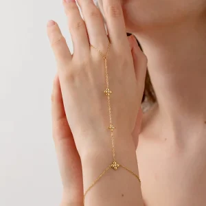 Dainty Fashion Jewelry Stainless Steel 18K Gold Plated Zircon Flower Charms Bracelet Hand Chain Finger Ring Bracelet