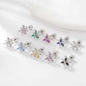 Dainty Flower Snowflake CZ Piercing Earrings SS Earring Bone Stud for Cartilage Hypoallergenic Body Jewelry for Women