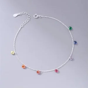 Dainty Foot Jewellery Rainbow Color Cubic Zirconia Stone Charm 925 Sterling Silver Anklets Bracelet Fashion Jewelry for Women