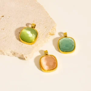 Dainty Geometric Cat Eye Stone Pendant Waterproof Stainless Steel Elegant Faceted Cat Eye Stone Charms for Women