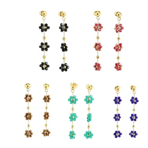 Dainty Gold Plated Stainless Steel Color Beaded Flower Dangle Drop Earring Crystal Rhinestone Summer Vacation Jewelry for Women