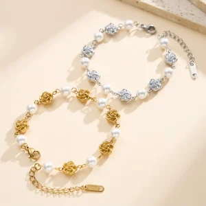 Dainty High Polished 3D Rose Flower Shell Pearl Bracelet Stainless Steel 18K Gold Plated for Daily Wear Wedding Gifts