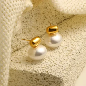 Dainty Imitation Pearl Stud Earring for Women 18K Gold Plated Stainless Steel Jewelry