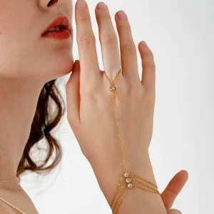 Dainty Luxury Jewelry Stainless Steel 18K Gold Plated Round Cubic Zircon Charms Three Layer Hand Chain Finger Ring Bracelet