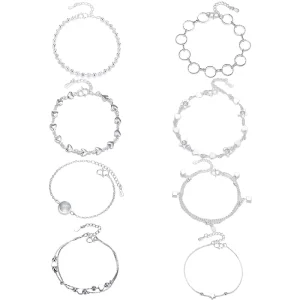 Dainty Minimal Design Copper Bangle Silver Plated Multi Style Trendy Heart Star Bead Thin Chain Bangles Ladies Daily Jewelry