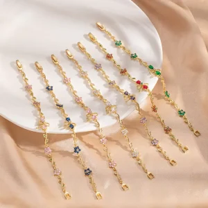 Dainty Multicolor Zircon Flower Leaf Bracelet With Bow Charm Gold Plated Crystal Chain Women Fashion Jewelry Gift