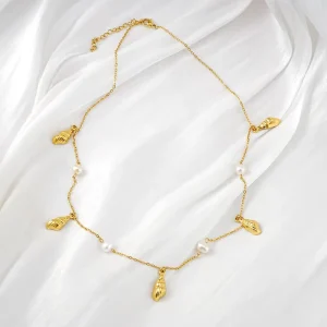 Dainty Natural Freshwater Pearl Necklace Multiple Pearl Conch Charm Necklace Minimalist Dainty Gold Chain Valentine’s Gifts