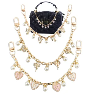 Dainty Pearl Bag Chain Butterfly Flower Heart Charm Gold Metal Handbag Keychain Strap Decor Chain with Double Clasps for Women