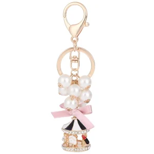 Dainty Pearl Carousel Keychain Rhinestone Merry Go Round Bag Charm with Crystal Silk Screen Printing for Girls Gift