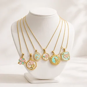 Dainty Pearl Inlay Colorful Enamel Floral Pendant Gold Plated Stainless Steel Snake Chain Flower Necklace Fashion Charm Jewelry
