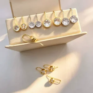 Dainty Round CZ Bezel Hook Earrings 18K Gold Plated Minimalist Solitaire Drop Earrings for Women Quiet Luxury Jewelry