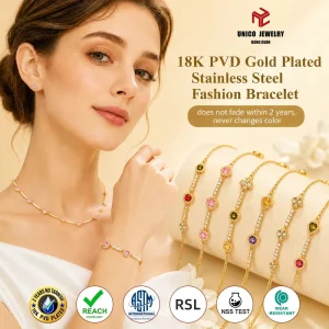 Dainty Shiny Zircon Rhinestone 18K PVD Plated Charms Four leaf Clover Stainless Steel Rainbow Tennis Bracelets Jewelry for Women