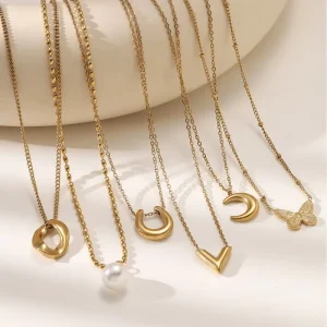 Dainty Stainless Steel Choker Bamboo Chain Cute Butterfly Lovers Moon V Pendant Layering Necklace Waterproof Trendy Unisex Gift