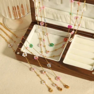 Dainty Summer Flower Charm Jewelry Set Custom Party Gold Plated Colorful Beaded Layerable Necklace Bracelet