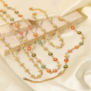 Daisy Flower Jewelry Set Stainless Steel Plated 18K Gold Necklace Bracelet Anklet Fashion Accessories in Stock