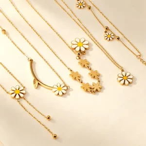 Daisy Flower Necklace Set Stainless Steel 18K Gold Plated Cubic Zirconia Minimalist Unisex Gift Cross Border