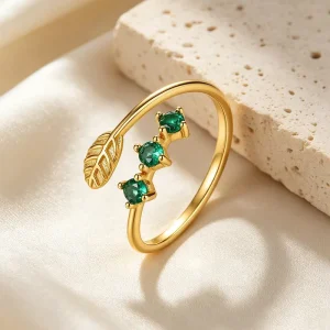 Damila Jewelry 925 Sterling Silver 18K Gold Plated Green Nano Crystal Open Leaf Shape Ring For Women