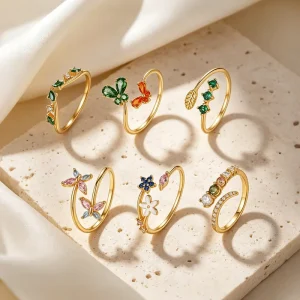 Damila New Design Summer Jewelry Luxury 18K Gold Plated 925 Silver Colorful Cubic Zirconia Butterfly Flower Open Rings For Women