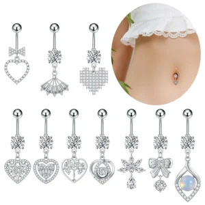 Dangle Crystal Navel Jewelry Stainless Steel Hollow Heart Bowknot Fan Shape Belly Piercing Rings Women Body Piercing